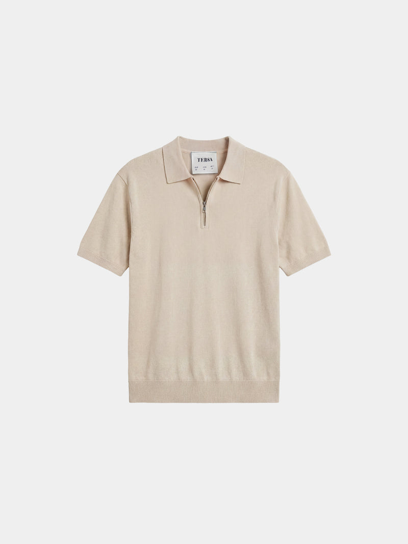 Relaxed Knit Zip Polo - Beige