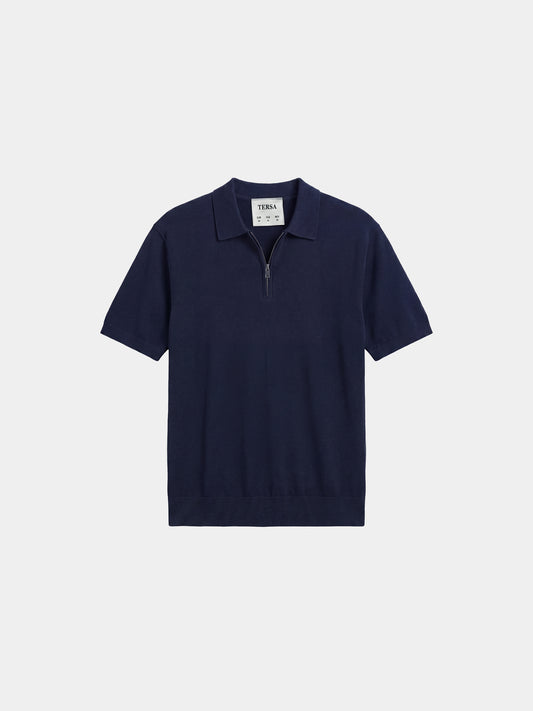 Relaxed Knit Zip Polo - Navy