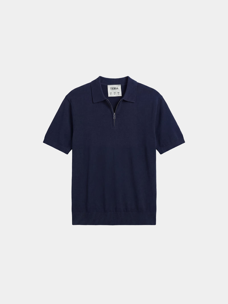 Relaxed Knit Zip Polo - Navy